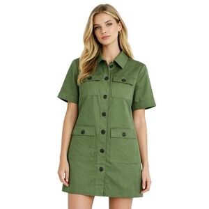 J. Crew Gamine Shirtdress Green Twill‎ Button Front Utility Dress Womens 6